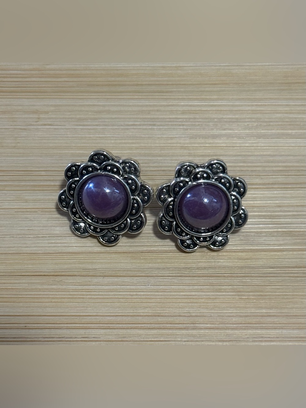 Purple Pearlescent Stone Floral Stud Earrings
